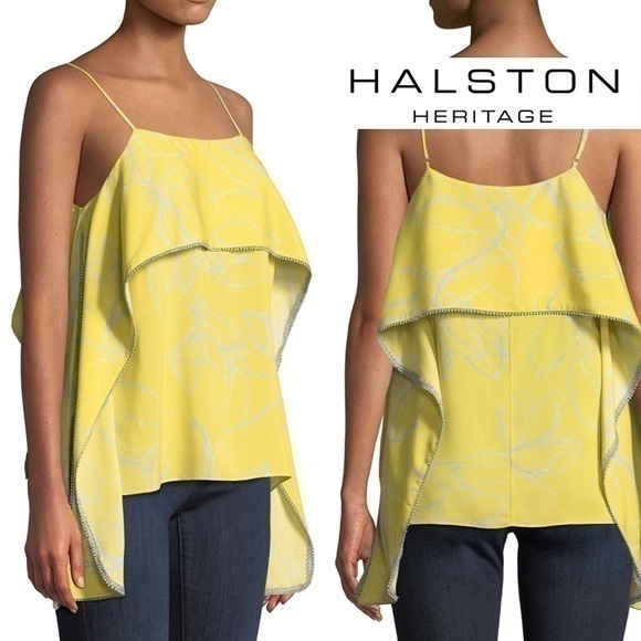 Sale Halston Heritage Popover Floral-Print Yellow Camisole Sleeveless Blouse L